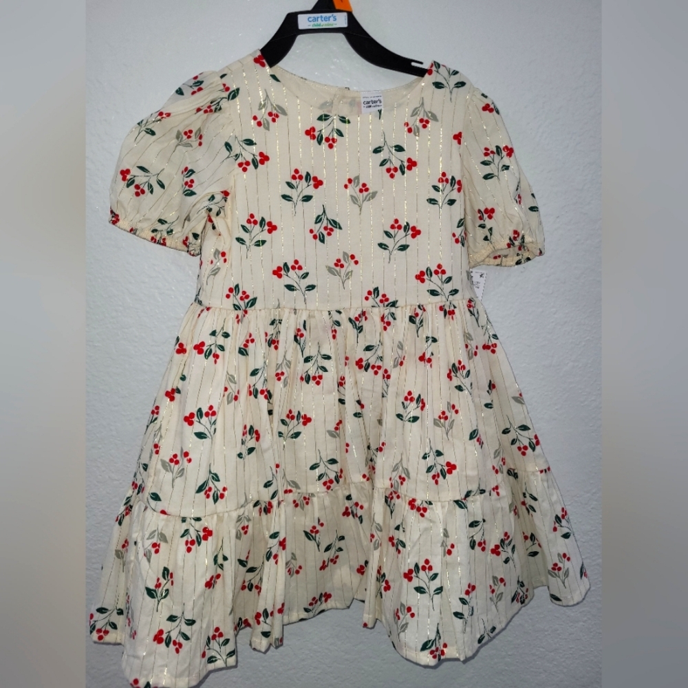 Girls 4t Carter's Red and Green Puff Sleeve Dress